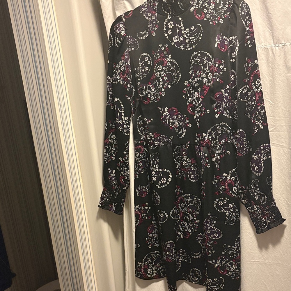 LOFT Black and Purple Paisley Long Sleeve Dress